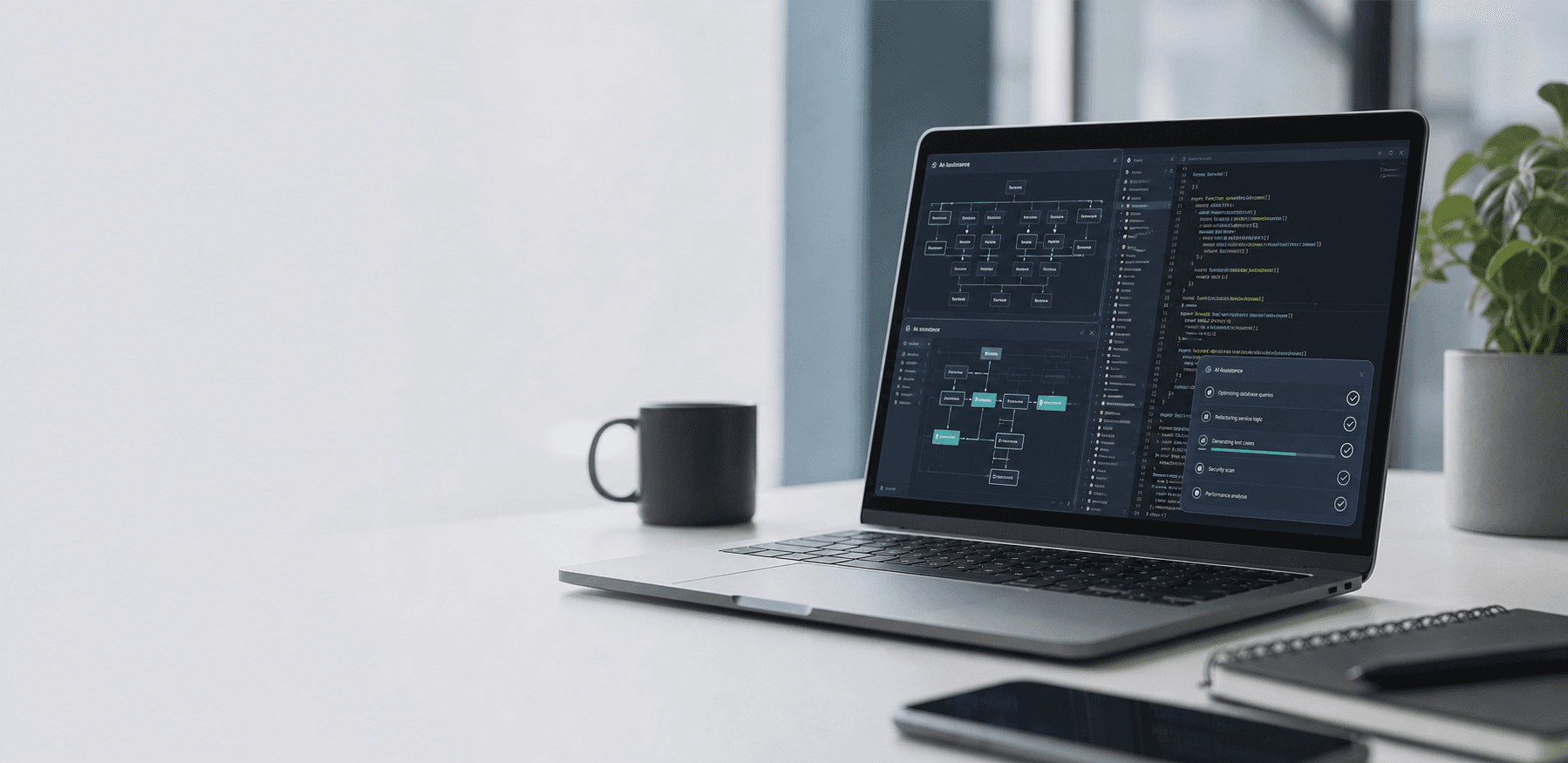 Modern software workspace with abstract engineering systems on screen